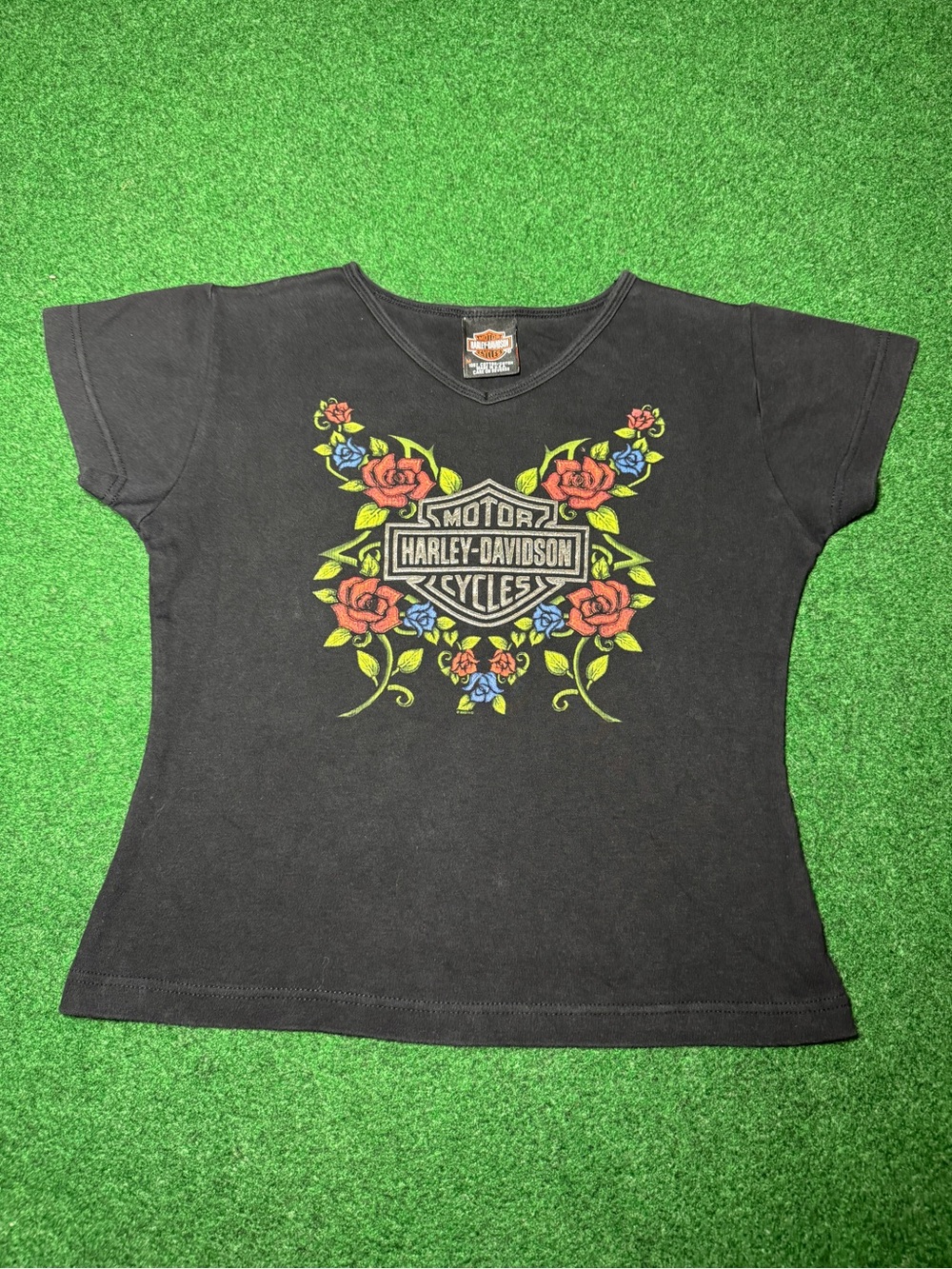 Harley Davidson Vintage Womens T Shirt Medium Floral Rose Biker Black Y2K Shirt
